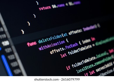 Close-up of Swift code on a dark screen featuring a custom function that deletes folders with animation, using a forEach loop to iterate over offsets and manage data cleanup