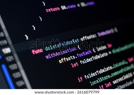 Close-up of Swift code on a dark screen featuring a custom function that deletes folders with animation, using a forEach loop to iterate over offsets and manage data cleanup