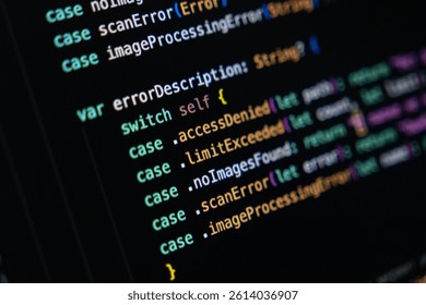Close-up of Swift programming code on a dark screen highlighting enum-based error handling logic using switch cases and returning descriptions for different error types in an app