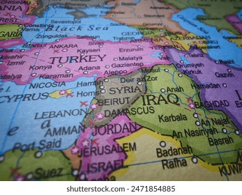 Closeup of Syria in sharp focus on world map.