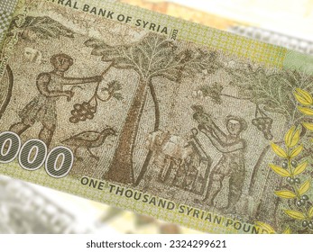 A close-up of a Syrian 1000 Pound banknote reveals intricate art and design. Amidst the country's turmoil, it showcases historical landmarks, symbolizing resilience and hope for a brighter future - Powered by Shutterstock