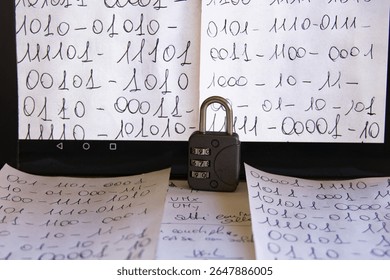close-up of a tablet screen displaying handwritten binary code, with a combination padlock resting in front, symbolizing data security
