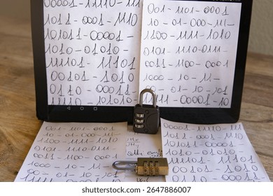 close-up of a tablet screen displaying handwritten binary code, with a combination padlock resting in front, symbolizing data security