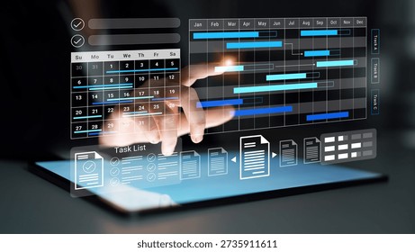 A close-up of a tablet screen displaying various digital tools for task and project management. The interactive graphics enhance productivity and organization in modern work environments. Gantry