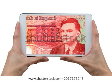 Close-up tabletthe famous mathematician Alan Turing Portrait from England 50 Pounds 2021 Polymer Banknotes.