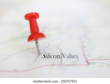 Closeup Of A Tack In A Map With Silicon Valley Text                               