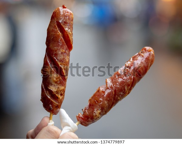 Closeup Taiwanese Sausages grilled, a famous street food in Taiwan.