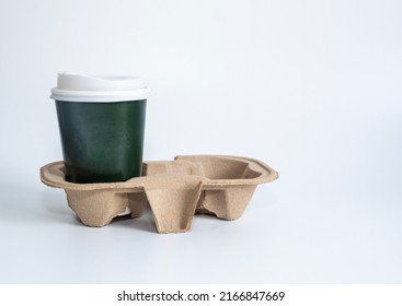 Close-up Takeaway Green Paper Coffee Cup With White Lid Hot Black Coffee(americano), No Sugar Milk, Ready To Drink, Refreshing. Aroma Awake Fresh To Work Placed Isolated On White Background