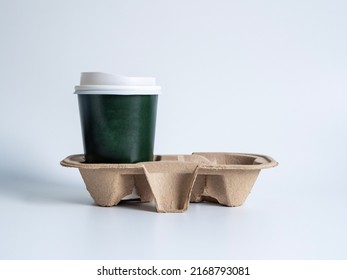 Close-up Takeaway Green Paper Coffee Cup With White Lid Hot Black Coffee(americano), No Sugar Milk, Ready To Drink, Refreshing. Aroma Awake Fresh To Work Placed Isolated On White Background