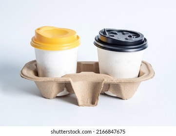 Close-up Takeaway Two White Paper Coffee Cup With Black And Yellow Lid Hot Black Coffee, No Sugar Milk, Ready To Drink, Refreshing. Aroma Awake Fresh To Work Placed Isolated On White Background