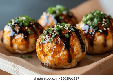 Close-Up of Takoyaki with Glaze, Sesame Seeds, and Green Onions - Powered by Shutterstock