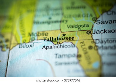 Closeup of Tallahassee, Florida on a political map of USA.
