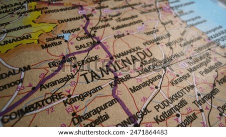 Closeup of Tamilnadu in sharp focus on Indian political map. Political map of India. Indian city map.