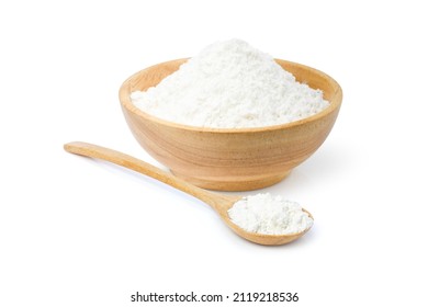 Closeup tapioca starch (potato flour or powder) in wooden bowl and spoon isolated on white background.