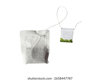 Close-up of a tea bag with its string forming a loop, against a pristine white background, ideal for health-conscious and tea-related designs.