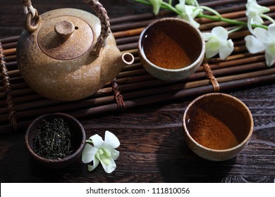 Closeup of tea set on table