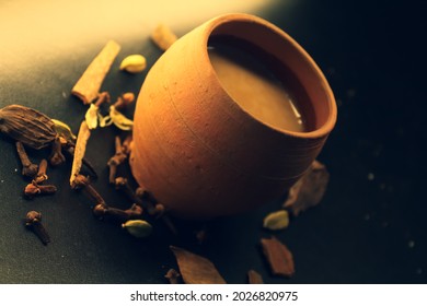 closeup of tea and spices in the traditional kulhad