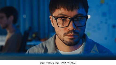 Closeup team adult male freelance work late typing write prompt AI bot app program nomad terminal code at office night. Artificial intelligence dashboard, robotics, user interface, machine learning.