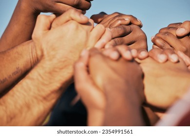 Closeup, teamwork and people holding hands, cooperation and support with empowerment. Diversity, group and friends with activity, strong together and motivation with union, human and collaboration - Powered by Shutterstock