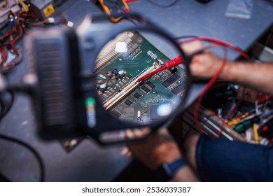 Close-up of a technician using a magnifying glass to examine a circuit board. Focused on innovation and precision in electronics repair. High-tech atmosphere with tools and technology. - Powered by Shutterstock