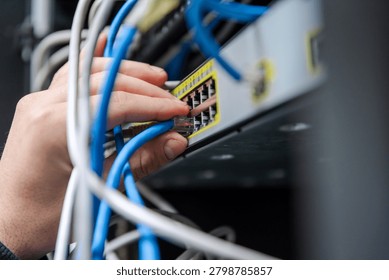 Close-up of a technician's hands organizing and plugging blue and grey ethernet network cables into a network switch.
