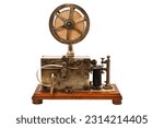 A closeup of a Telegraph machine with a white background