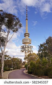 Closeup of the Telstra Tower on Black Mountain, a landmark of the Canberra area.