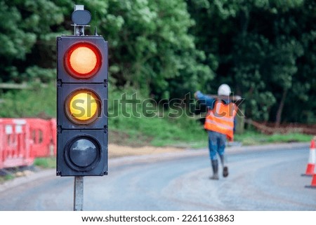 Close-up of temporary portable traffic signal  installed for road works Stock foto © 