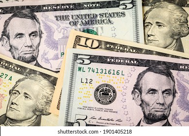 Closeup Of Ten And Five Dollar Bills. Concept Of 15 Dollar Federal Minimum Wage Increase.