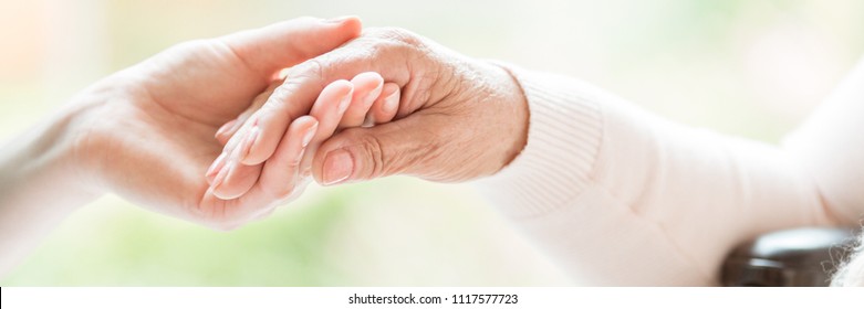 Close-up of tender gesture between two generations. Young woman holding hands with a senior lady. Blurred background. Panorama.