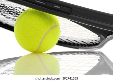 Close-up of a tennis ball with a racket reflection from the glossy surface. - Powered by Shutterstock