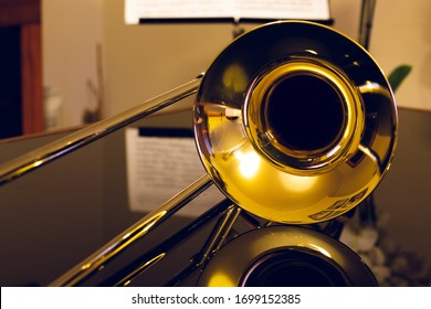 Closeup Of Tenor Trombone On The Table