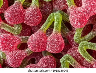 Closeup Texture Background Of A Pile Of Haribo Fizzy Cherries Sweets