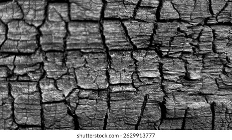 Close-up texture of burnt wood with natural cracked charcoal pattern. Abstract black background for design and art projects.