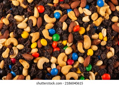 Closeup Texture Of Classic Trail Mix With Cashews, Almonds, Rais