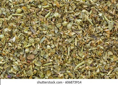 Closeup Texture Of Dried Blend Italian Seasoning Mix. Spices Consist Of Basil, Oregano, Rosemary, Thyme, Sage, Cilantro As Main Ingredients To Flavor Italian Dishes