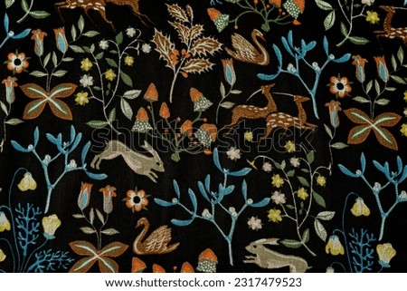 Close-up texture of natural colorful, bright fabric, cloth background, folk ornament background