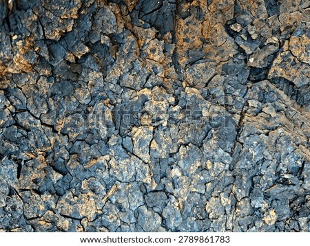 Close-up texture of raw coal surface with natural cracks and brown mineral veins. Black coal mineral deposit background, energy commodity concept.