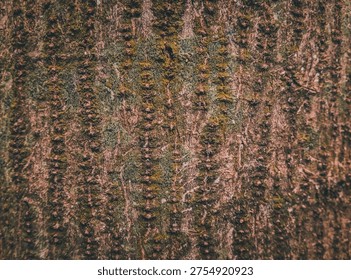 Close-up texture of rough tree bark with natural moss patterns, creating an organic abstract wooden background