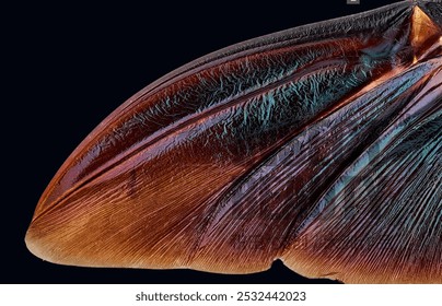 Close-up of a textured, iridescent insect wing, displaying a vibrant gradient of earthy tones and shimmering hues against a dark backdrop. - Powered by Shutterstock