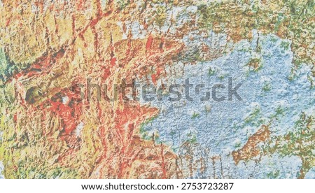 Close-up of textured tree bark with overlapping patches of red, orange, yellow, and soft blue, forming a colorful mosaic on the rugged natural surface.