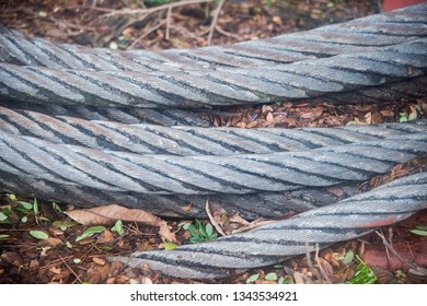 Closeup Of Thick Steel Cable Rope In An Outdoor Setting.