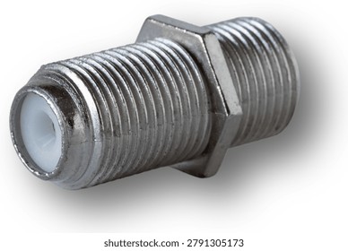 Close-up of the threaded connector that is often used to connect two section of RG59 or RG6 coax running to a TV with drop shadow underneath isolated on a white background.
