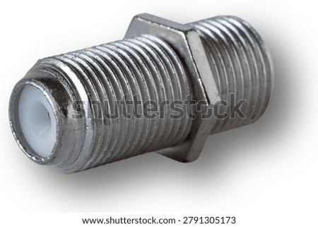 Close-up of the threaded connector that is often used to connect two section of RG59 or RG6 coax running to a TV with drop shadow underneath isolated on a white background.