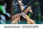 Close-up of three giraffes in a lush, green forest setting, showcasing their elegant long necks and distinctive patterned coats. A perfect representation of wildlife beauty in a natural habitat