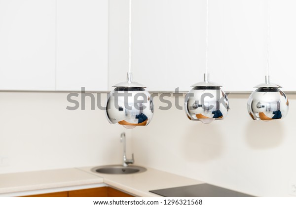 Closeup Three Hanging Ceiling Lamps Kitchen Stock Photo Edit Now