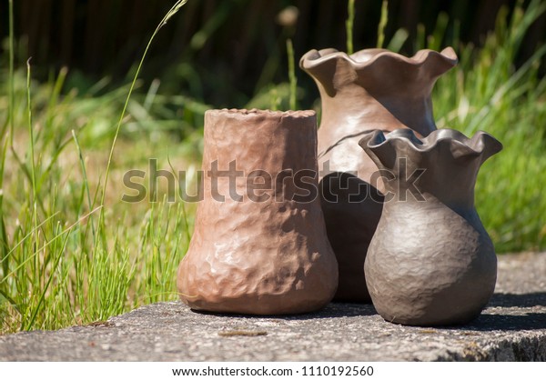 Closeup Three Unique Handmade Ceramic Vases Stock Photo Edit Now