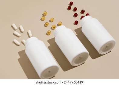 close-up of three white mockup jars with scattered pills capsules diagonally on a beige isolated background. the concept of pharmacy, dietary supplements and health. Image for your design