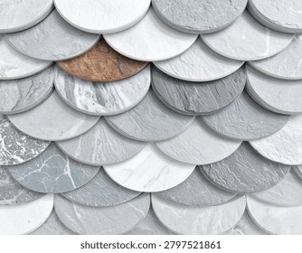Close-up of a tiled wall with a repeating pattern resembling fish scales in various shades of gray and white