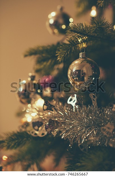 Closeup Tinsel Decorations Hanging Branches Christmas Stock Photo